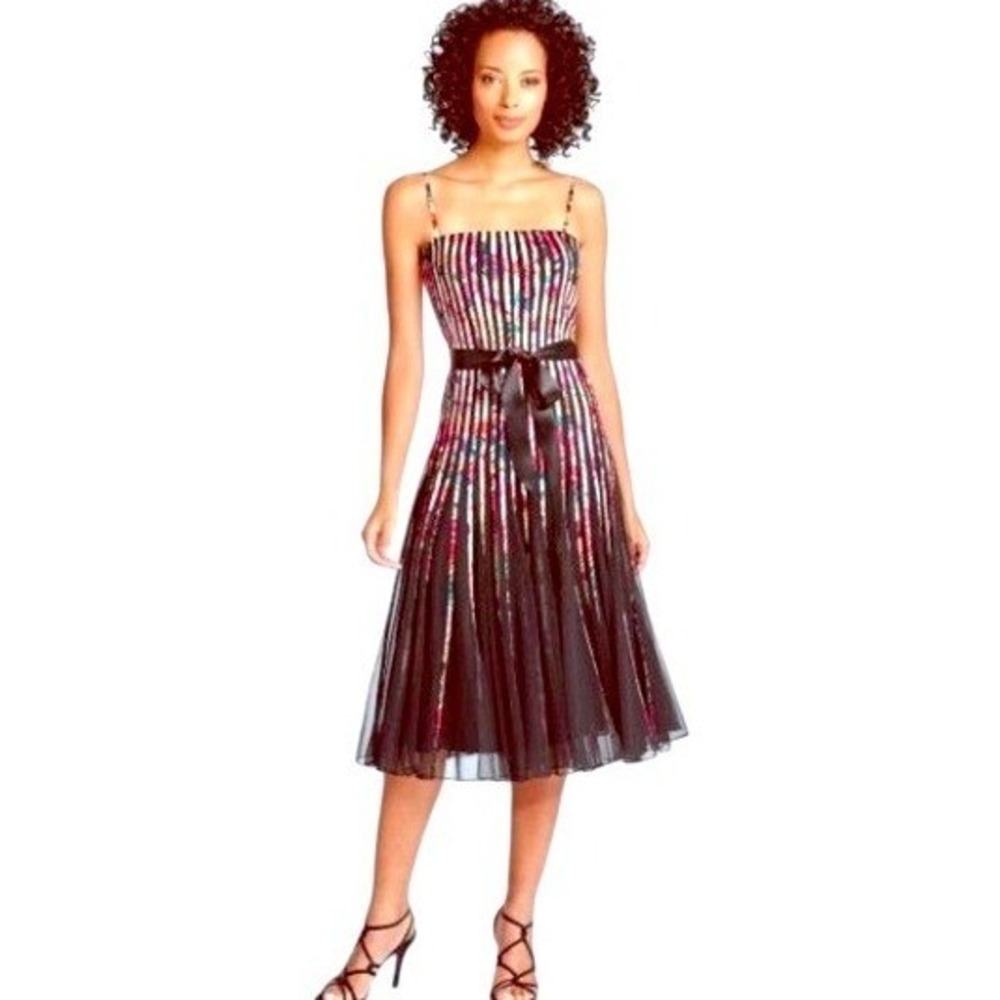EUC JS Collections Floral Pleated Belt Midi Dress Spaghetti Strap Satin Size 10 - Picture 2 of 15